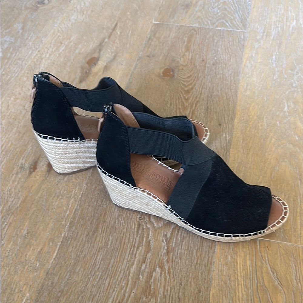 Gentle Souls by Kenneth Cole Black Suede Wedges with Espadrille Detail